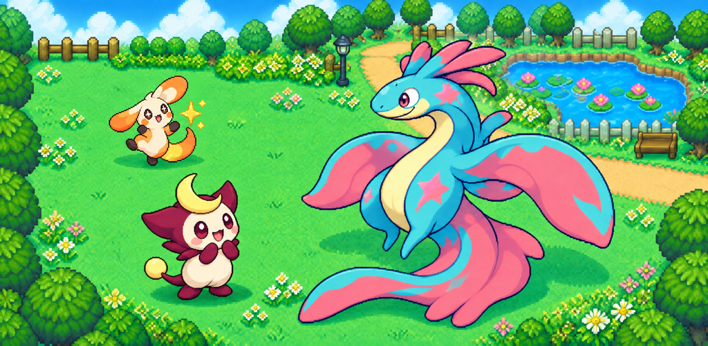 Three colorful creatures playing in a sunny pixel-art meadow